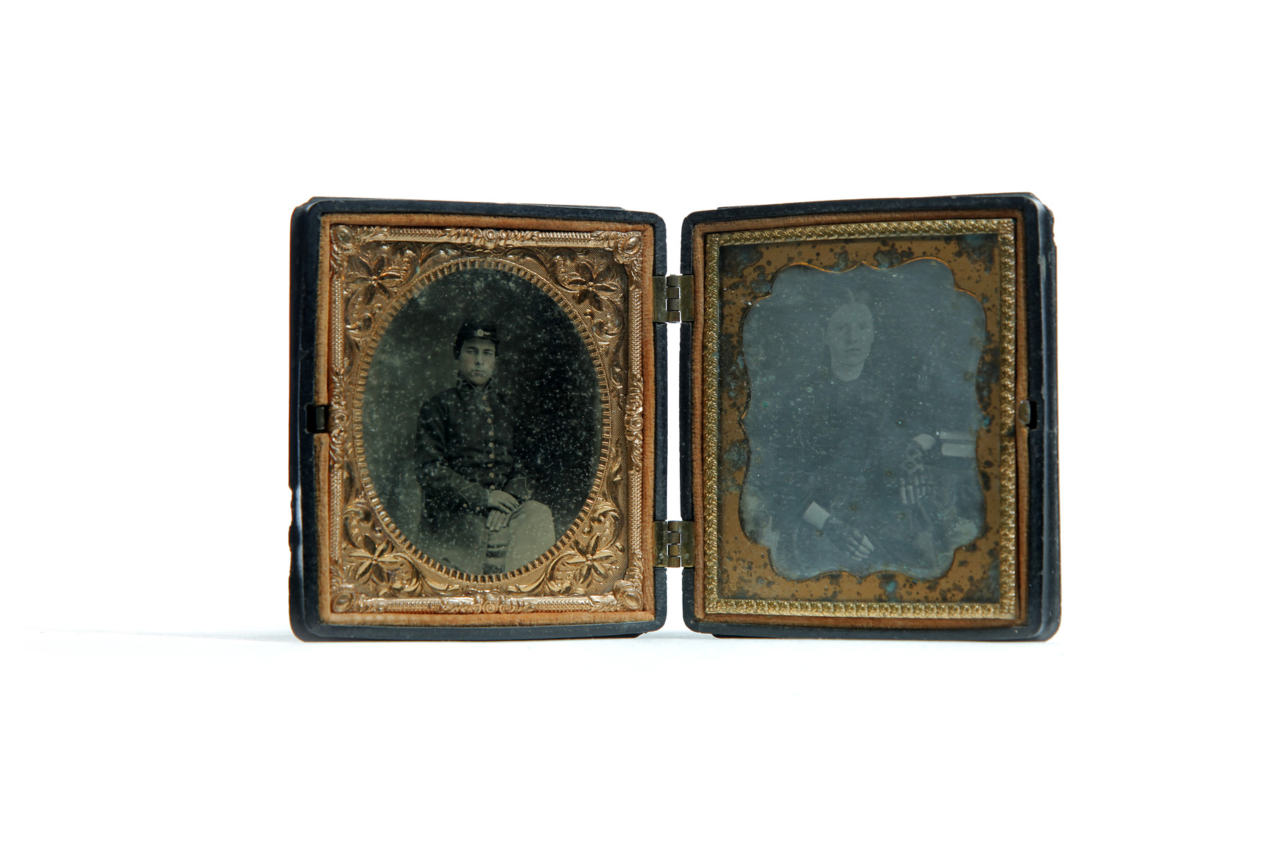 Appraisal: SIXTH PLATE DAGUERREOTYPES OF A SOLDIER AND YOUNG WOMAN American