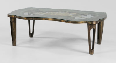 Appraisal: Philip Laverne Bronze Coffee Table th century cartouche-form pierced top