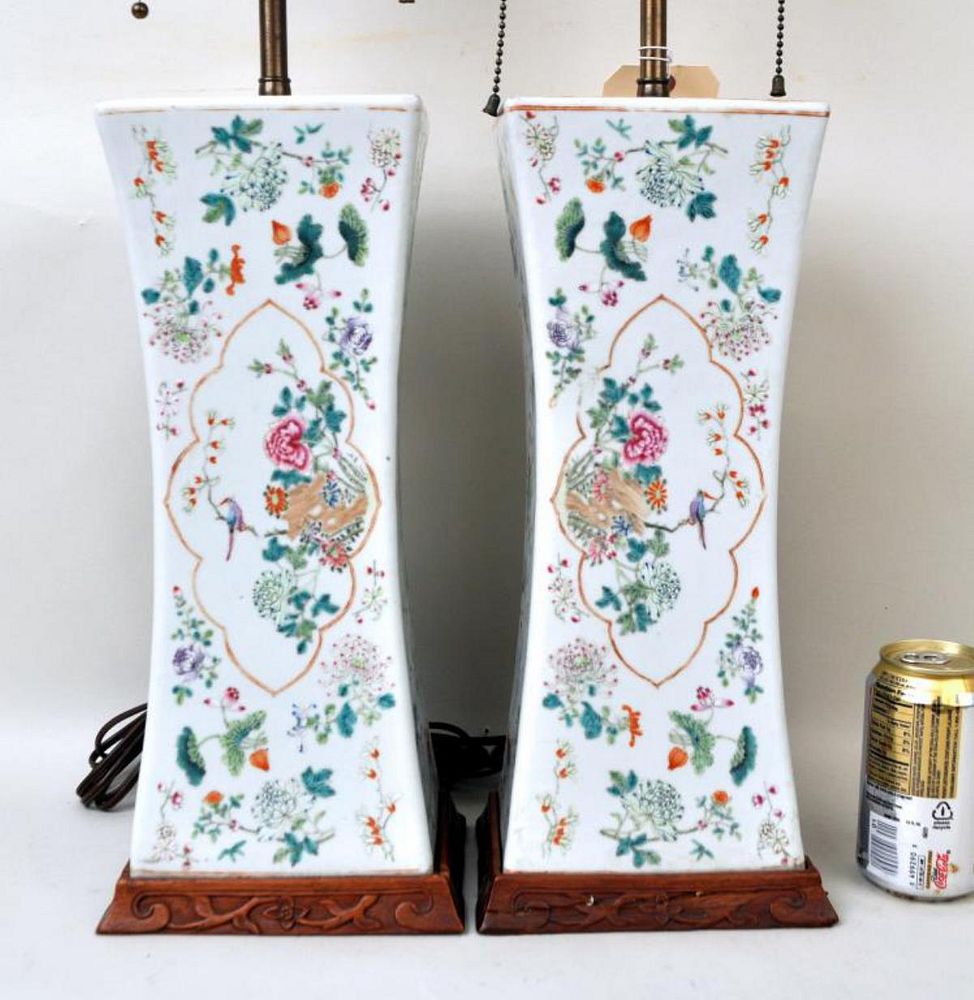 Appraisal: Pair Chinese Porcelain Vases As Lamps likely originally porcelain pillows