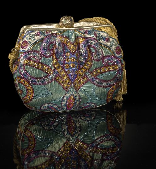 Appraisal: Judith Leiber French Shirred Brocade Embroidered Handbag with multi-colored rhinestones