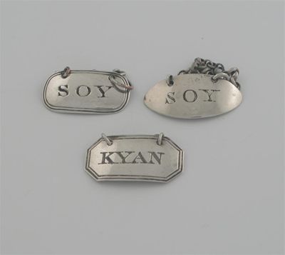 Appraisal: Three George III sauce labels 'KYAN' by Josiah Snatt London