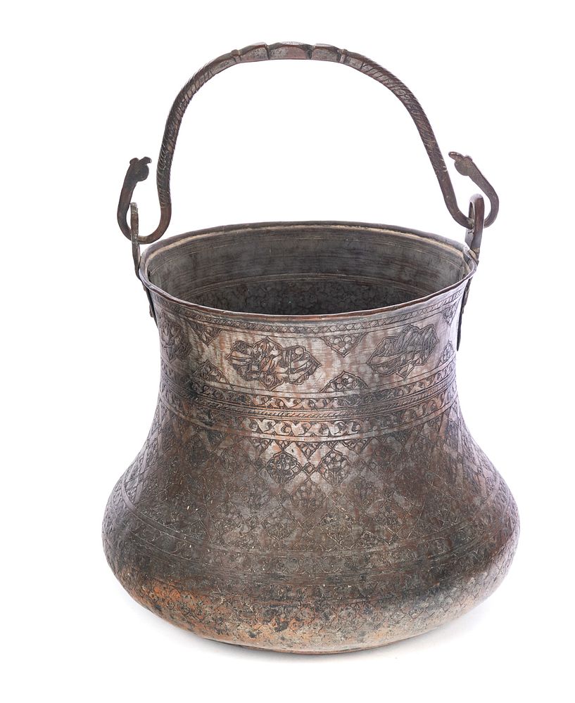 Appraisal: Antique Engraved Persian Copper Kettle Persian Copper Kettle pot with