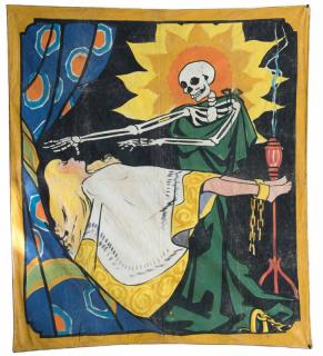 Appraisal: Skeleton Levitating a Woman Magic Show Banner American ca s