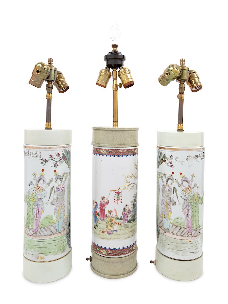 Appraisal: Three Chinese Export Porcelain Lamps Three Chinese Export Porcelain Lamps