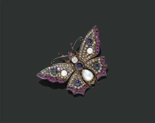 Appraisal: GEMSTONE PEARL AND DIAMOND BROOCH ca Red gold Very decorative