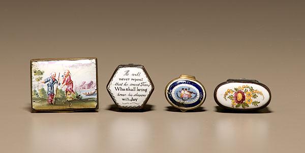 Appraisal: BATTERSEA ENAMEL SNUFF OR PATCH BOXES English late th-early th