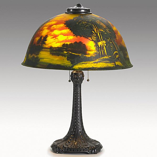 Appraisal: PITTSBURGHScenic table lamp with reverse- and obverse-painted shadeUnmarked x