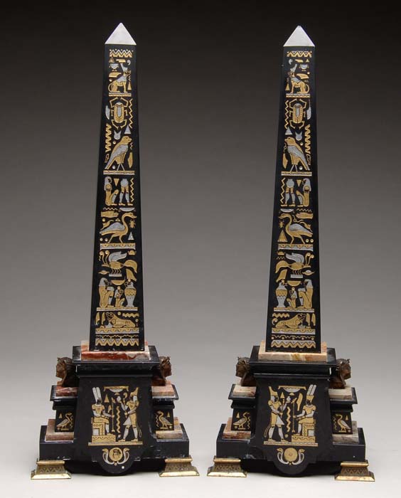 Appraisal: PAIR OF DECORATED SLATE AND MARBLE OBELISK GARNITURES Pair decorated