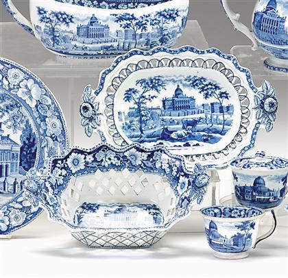 Appraisal: Historical blue transferware reticulated fruit basket and stand john rogers