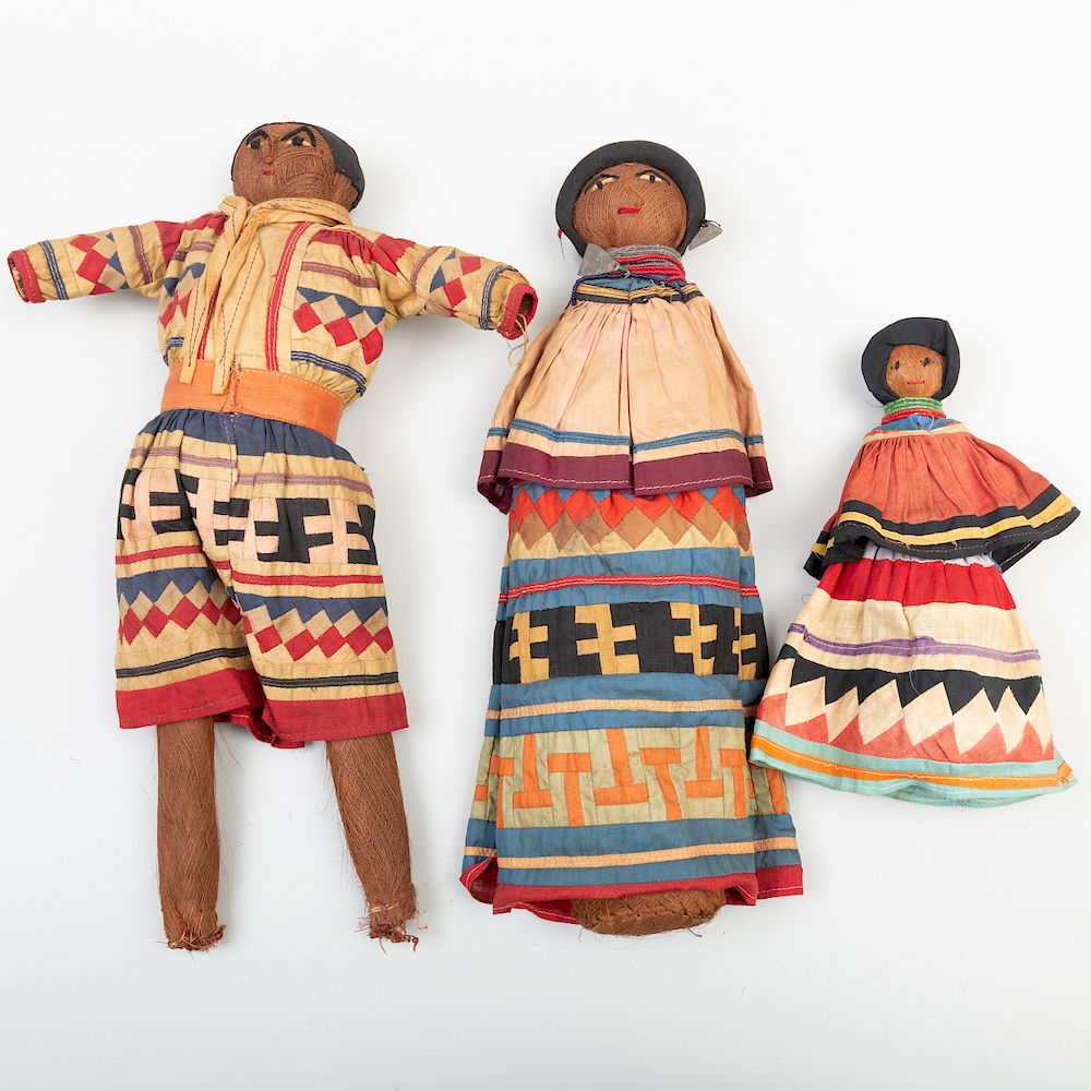 Appraisal: Group of Three Seminole Palm Fiber and Polychrome Cloth Dolls