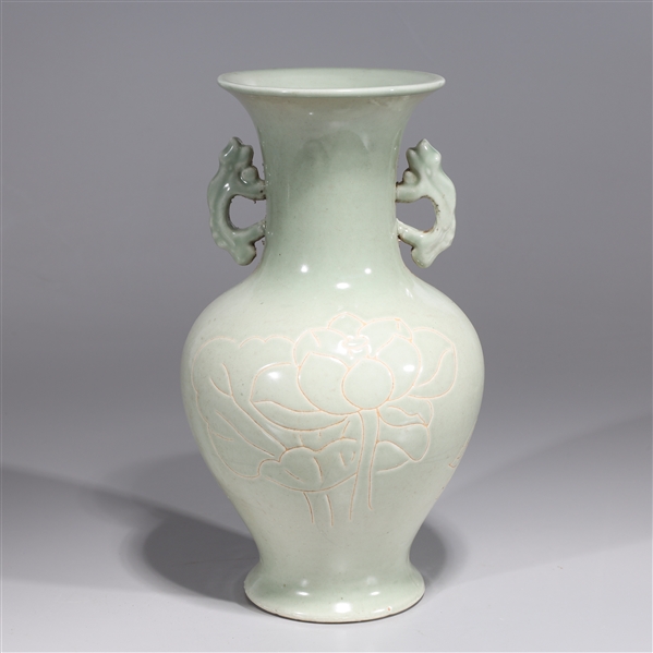 Appraisal: Chinese celadon glazed green porcelain vase with handles incised flower