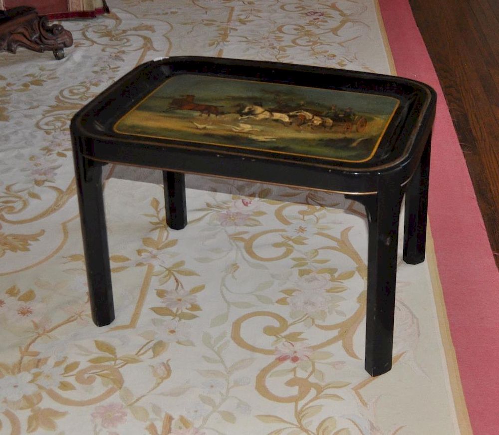 Appraisal: Decorated Tole Tray On Stand with coaching scene mounted to