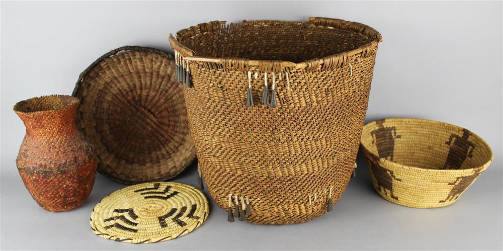 Appraisal: FIVE NATIVE AMERICAN BASKETS Southwest first quarter th Century coiled