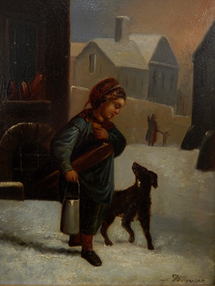 Appraisal: W Werner thC Winter scene with figure and dog oil