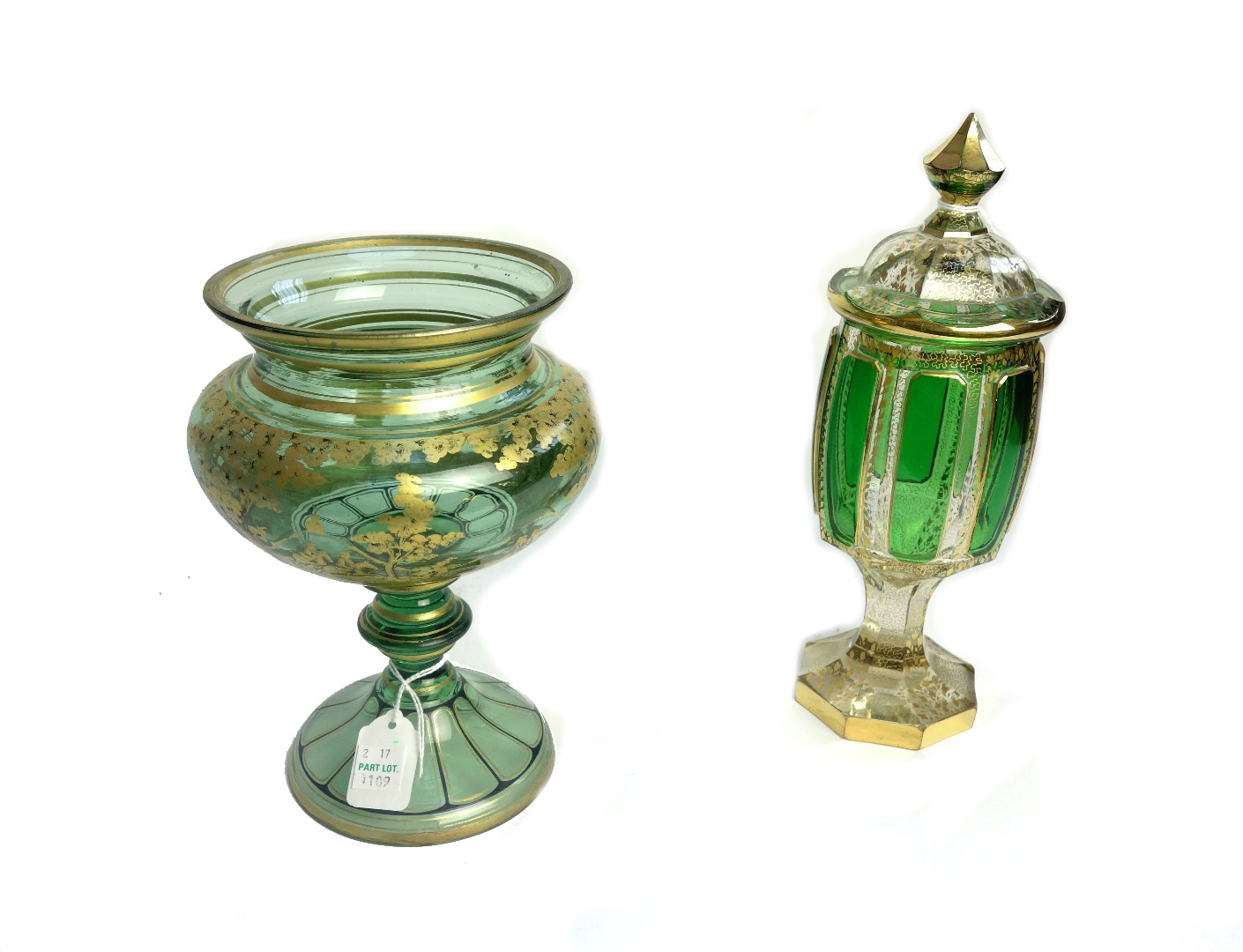 Appraisal: A Moser style gilt green glass goblet and cover late