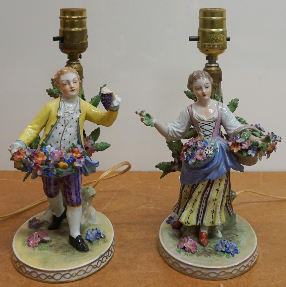 Appraisal: Two Dresden Porcelain Figurines Mounted as Lamps H in cm