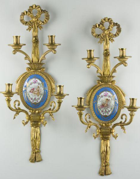 Appraisal: Pair of French Porcelain and Brass Sconces double wall sconces