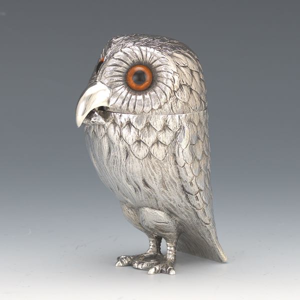 Appraisal: RICHARD COMYNS STERLING SILVER WITH COBALT GLASS INSERT OWL CONDIMENT