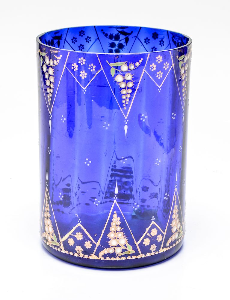 Appraisal: Cobalt Blue Glass Enamel Cylindrical Vase Cobat blue glass and