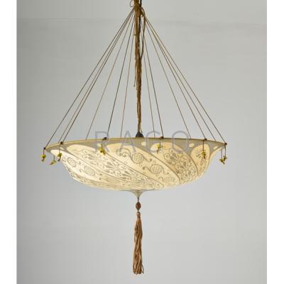 Appraisal: FORTUNY Parasol chandelier th c Painted silk silk cord patinated