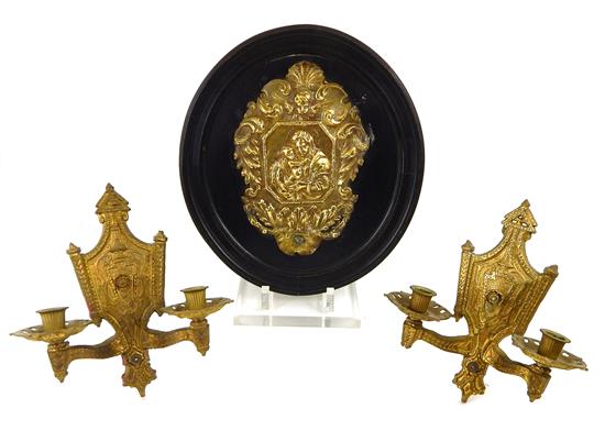 Appraisal: Three wall sconces one mounted hammered brass wall sconce depicting