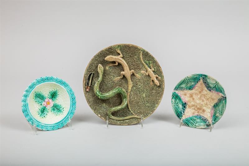 Appraisal: Majolica Pottery Serpent Relief Dish and Two English Majolica Plates