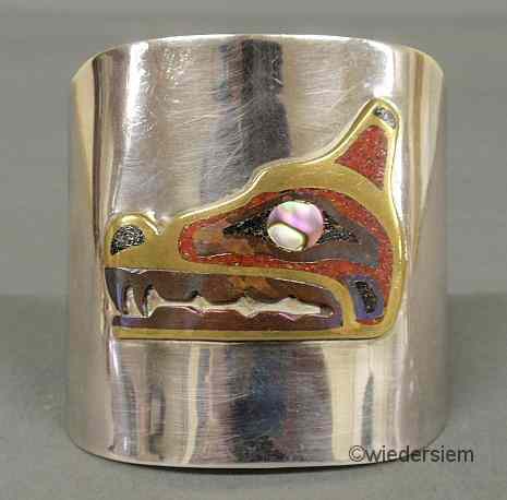 Appraisal: Silver cuff bracelet with applied brass copper and mosaic stone