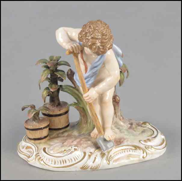 Appraisal: MEISSEN GILT AND PAINTED PORCELAIN FIGURE OF A CHERUB PLANTING