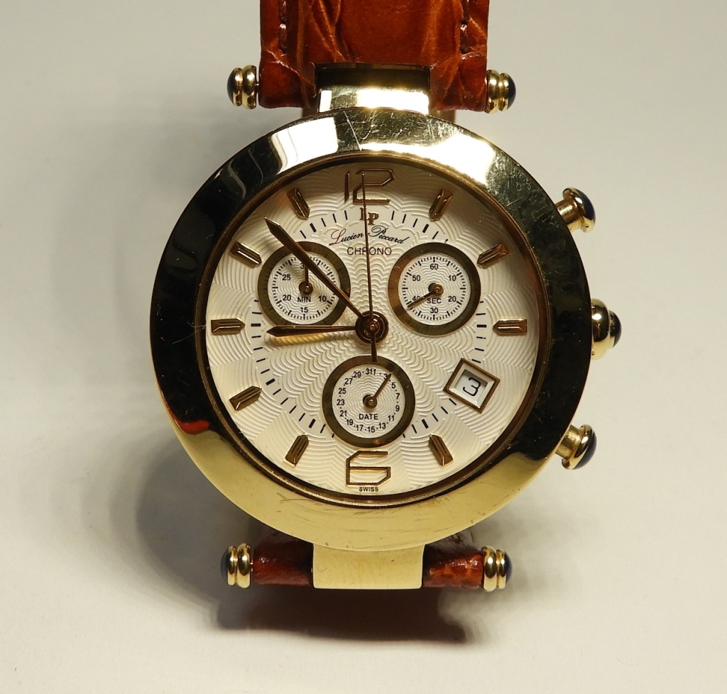 Appraisal: LUCIEN PICCARD MEN'S CHRONOGRAPH WATCH Switzerland NewGold plated chronograph watch