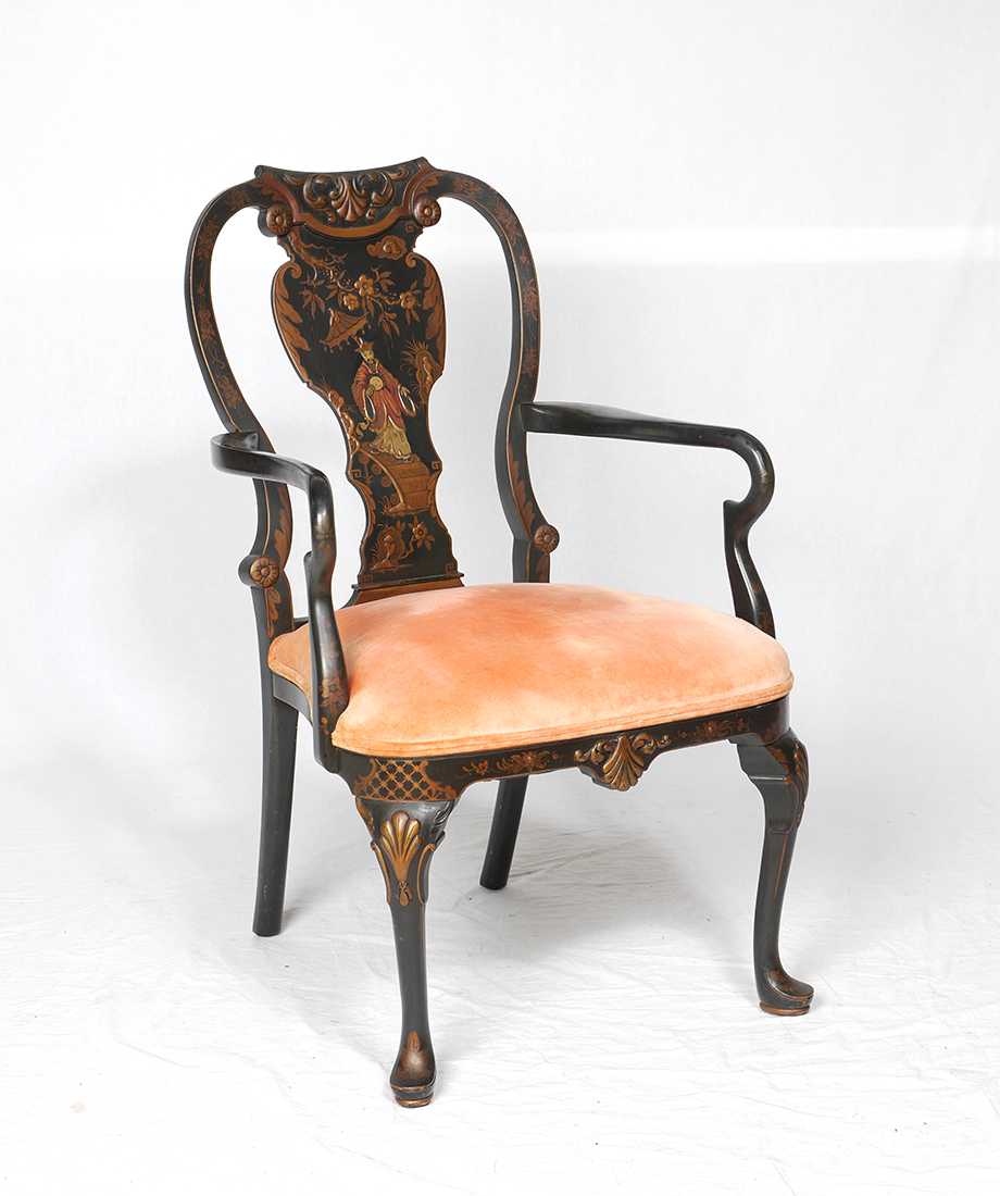 Appraisal: CARVED CHINOISERIE DECORATED ARM CHAIR Shaped top rail with foliate