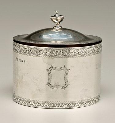 Appraisal: English silver tea box oval with urn finial engraved scroll