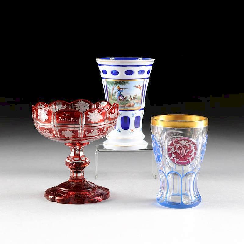 Appraisal: A GROUP OF TWO BOHEMIAN GLASS BEAKERS AND A COMPOTE