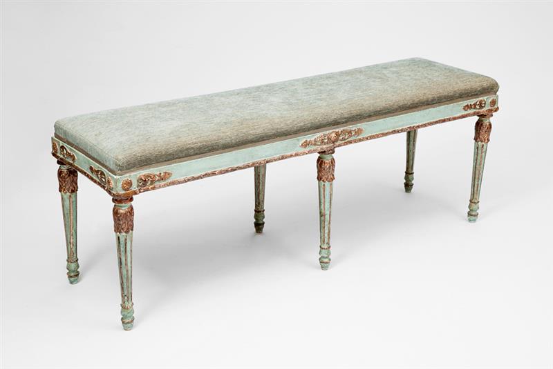 Appraisal: Italian Painted and Parcel-Gilt Bench th Century With upholstered seat