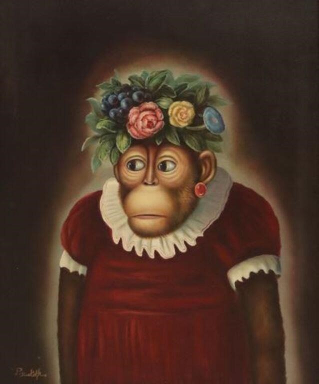 Appraisal: Framed oil on canvas painting Monkey with Flowers in the