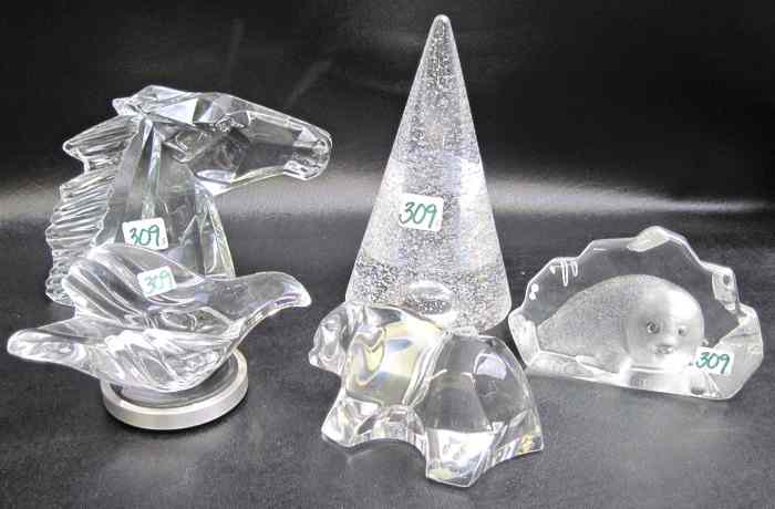 Appraisal: FIVE ASSORTED CRYSTAL GLASS FIGURINES Daum France horse head ''H