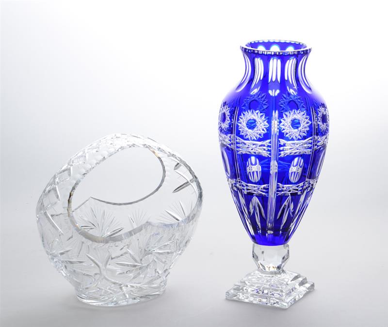 Appraisal: BLUE OVERLAY CUT-GLASS LARGE VASE AND A CUT-GLASS LARGE BASKET