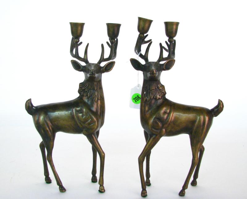 Appraisal: Pair of Bronze Figural Deer Motif Candleholders '' high each