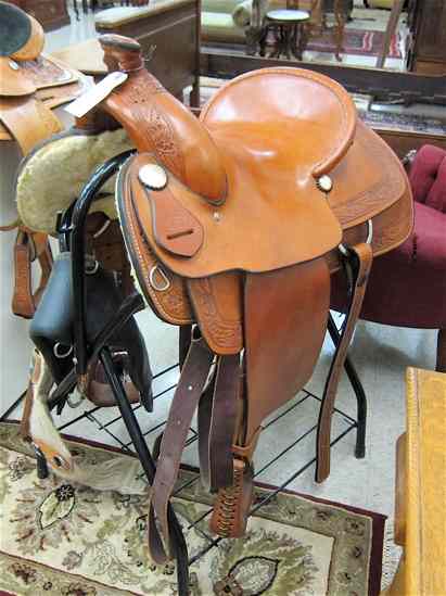 Appraisal: LEATHER HORSE SADDLE ON METAL FLOOR STAND Frontier Saddlery Inc