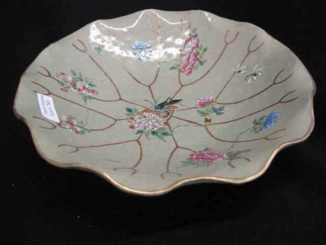 Appraisal: Chinese Porcelain Bowl waterlily shape grasshopper floral decor signed -