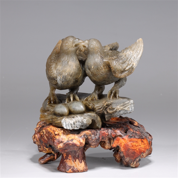 Appraisal: Large Chinese soapstone carving of two birds quarreling over food