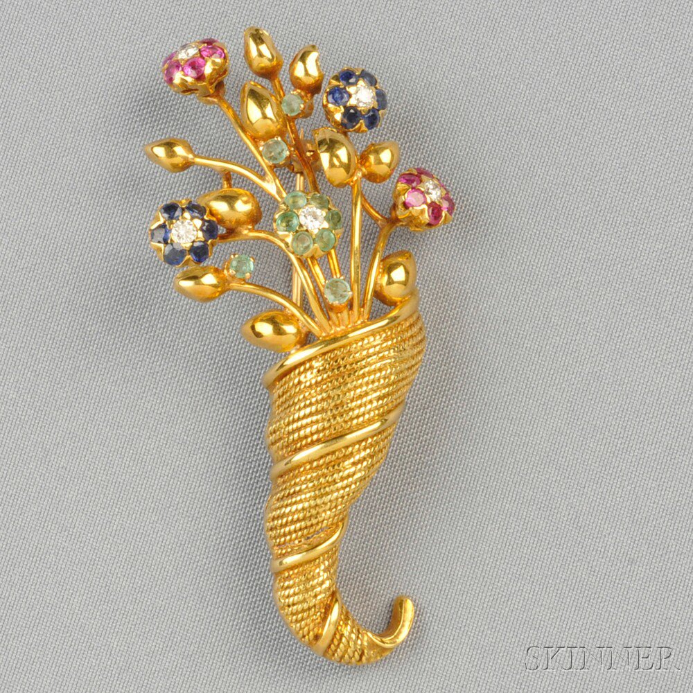 Appraisal: kt Gold Gem-set Flower Brooch Tiffany Co Italy designed as