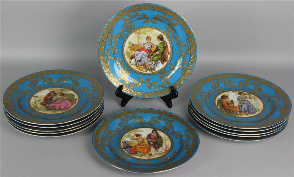 Appraisal: TWELVE SEVRES STYLE TURQUOISE GROUND PORCELAIN CABINET PLATES bearing blue