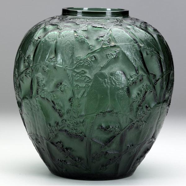 Appraisal: LALIQUE Perruches vase in green glass c M p No