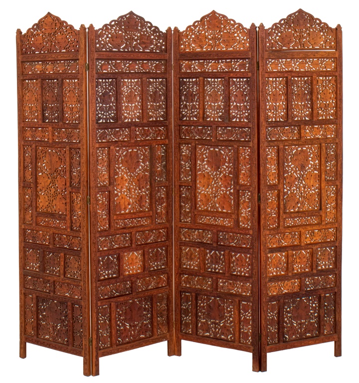 Appraisal: INDIAN TEAKWOOD RETICULATED FOUR PANEL SCREEN Indian Teakwood Reticulated Four