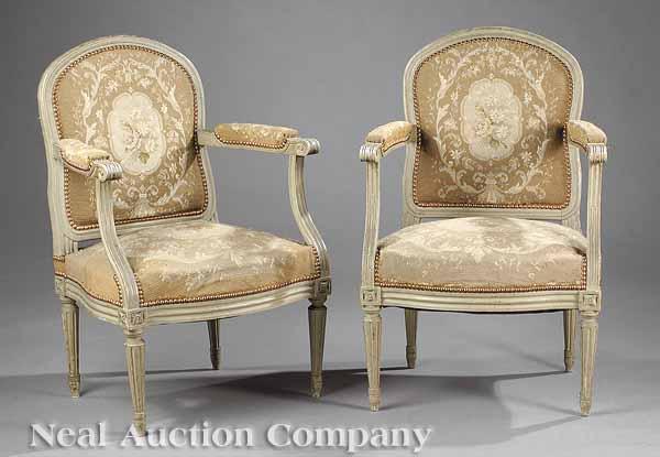 Appraisal: A Pair of Antique Louis XVI-Style Bois Peinte Fauteuils with