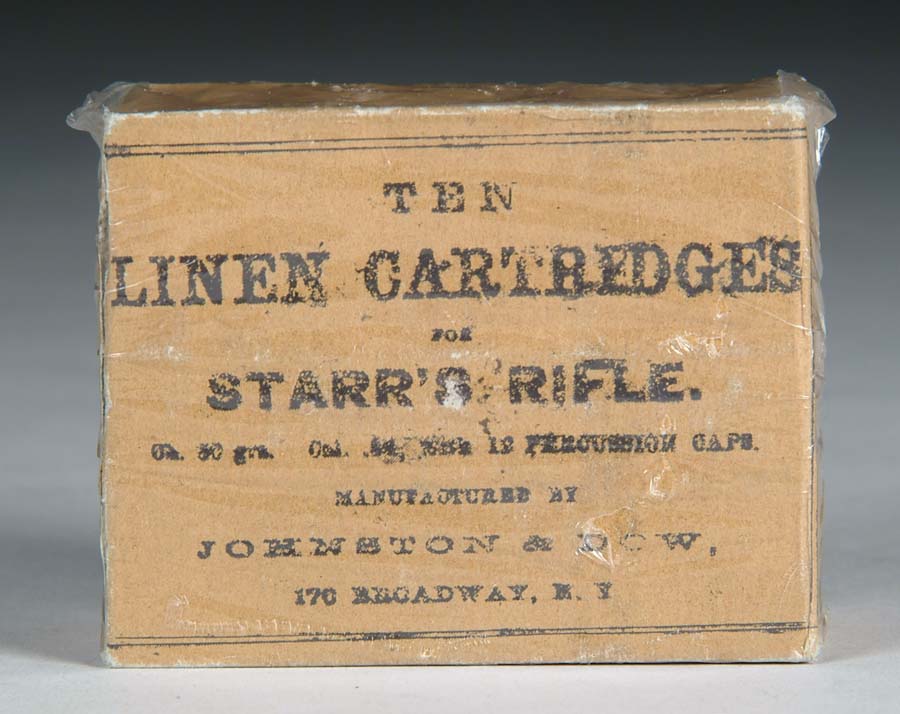 Appraisal: FULL BOX OF TEN LINEN CARTRIDGES FOR STARR'S RIFLE Caliber