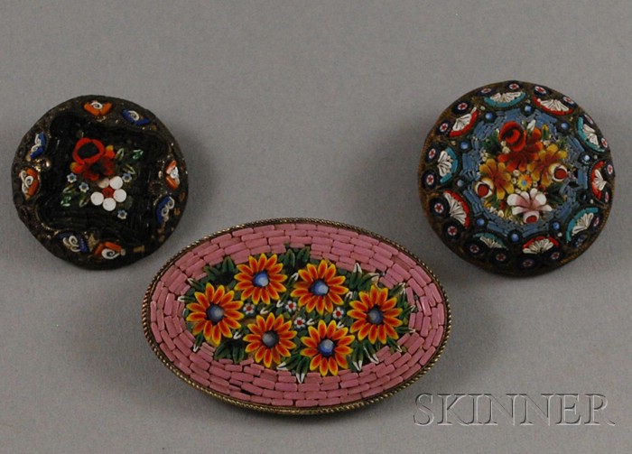 Appraisal: Three Floral Micromosaic Brooches one marked Italy damage losses