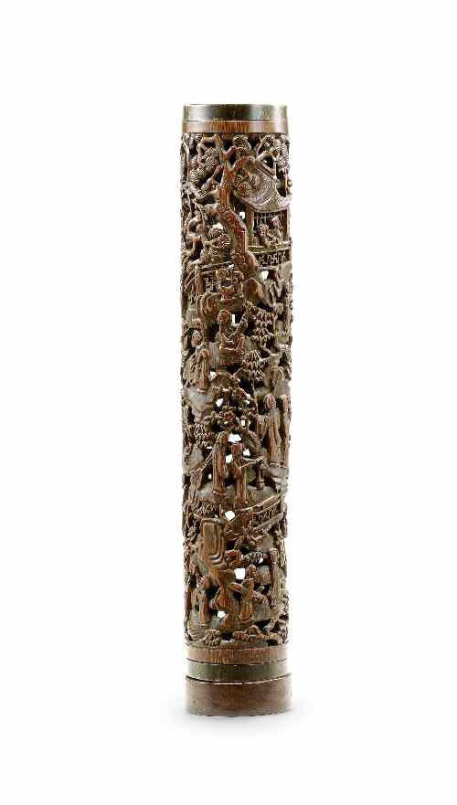 Appraisal: A Chinese pierced bamboo parfumier carved with figures at leisure