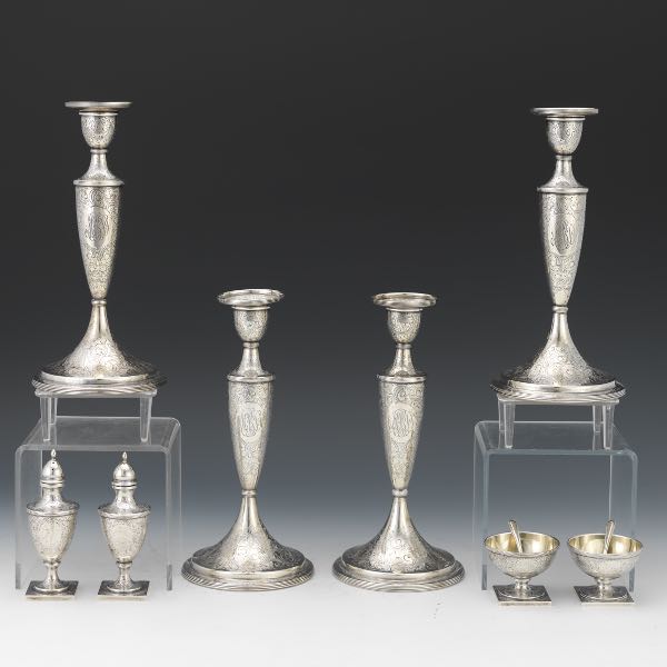 Appraisal: FOUR S KIRK SON STERLING CANDLESTICKS PAIR OF SALT PEPPER