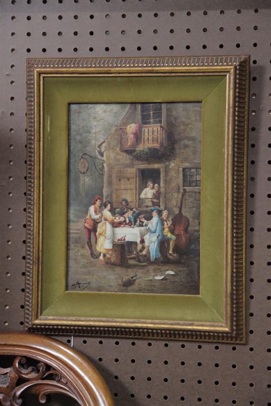 Appraisal: SIGNED PAINTING ON PORCELAIN TAVERN FEAST SCENE Polychrome painting on